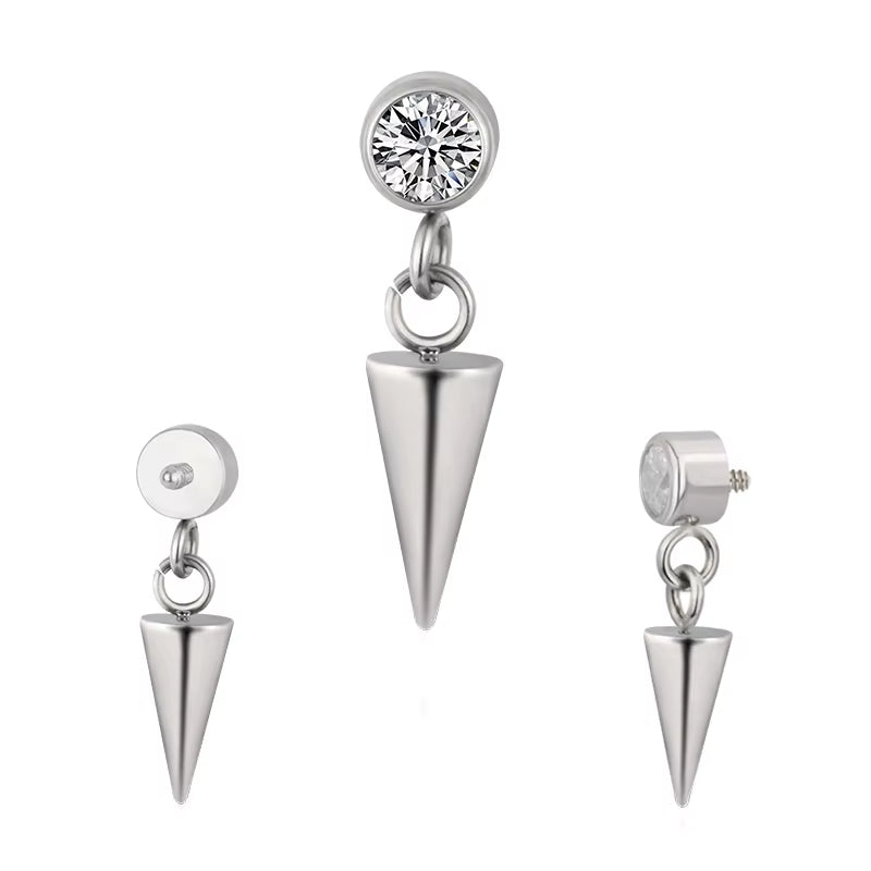 Natural Titanium 16G (1.2mm) Internally Threaded Spike Dangling Piercing Stud