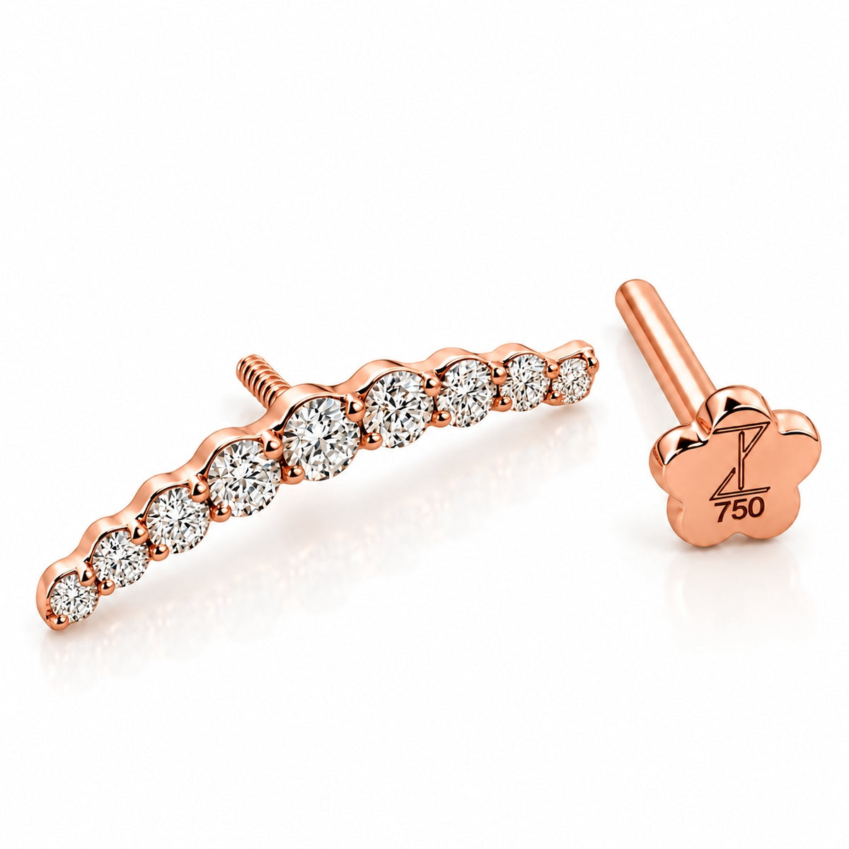 18K Gold Graduated Moissanite Curved Bar Piercing Stud