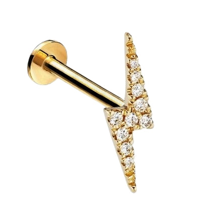 18k Gold Natural Diamond Studded 16G (1.2MM) Internally Threaded Lightning Bolt Stud