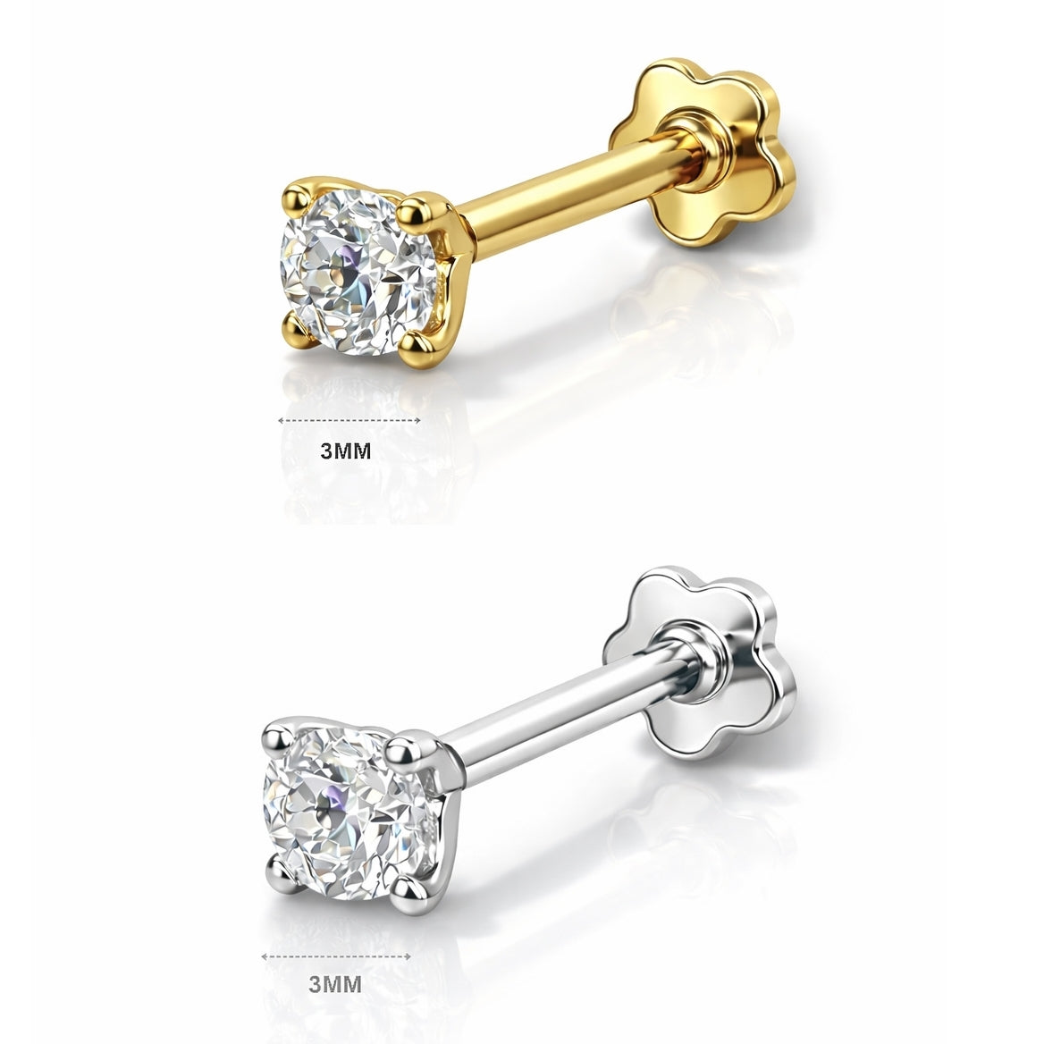18K Gold Lab Diamond Flat Back Stud – Internally Threaded (16G)