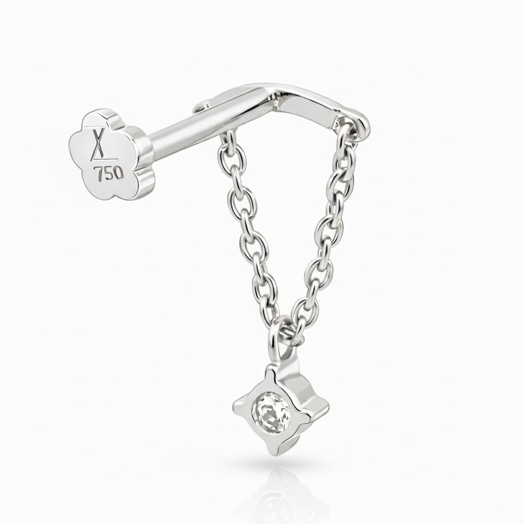 18K White Gold Hidden Helix Chain with Natural Diamond Drop