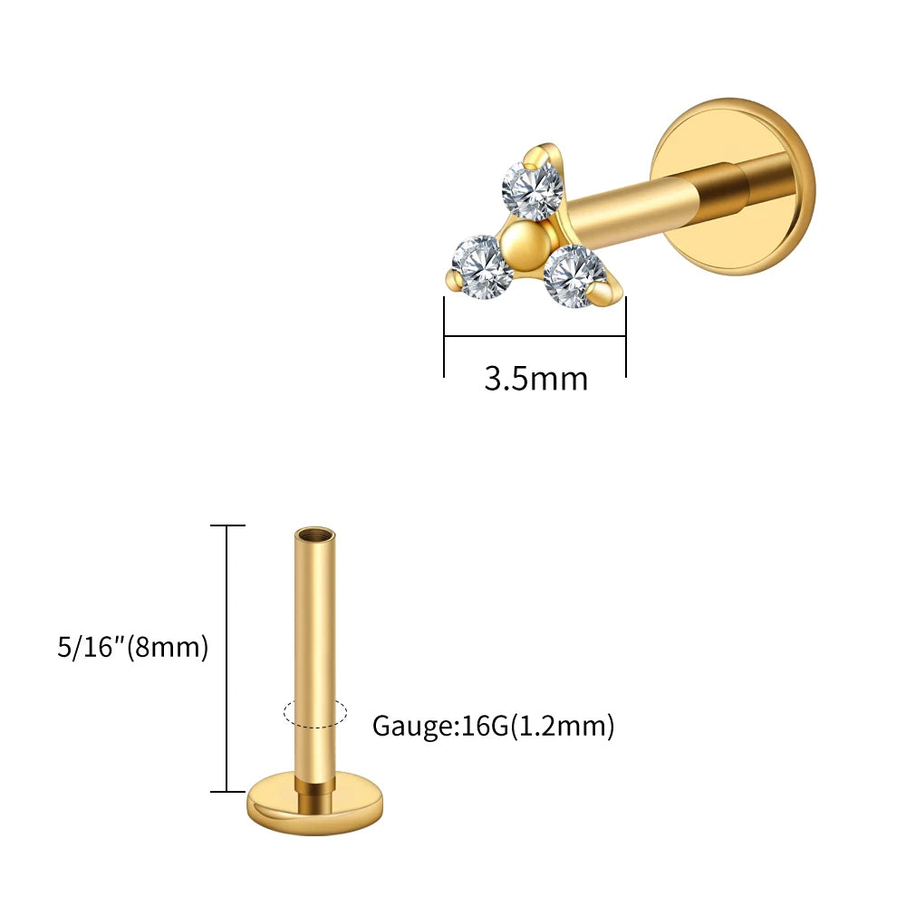 18k Gold Diamond Studded 16G (1.2MM) Internally Threaded Small Trinity Piercing Stud