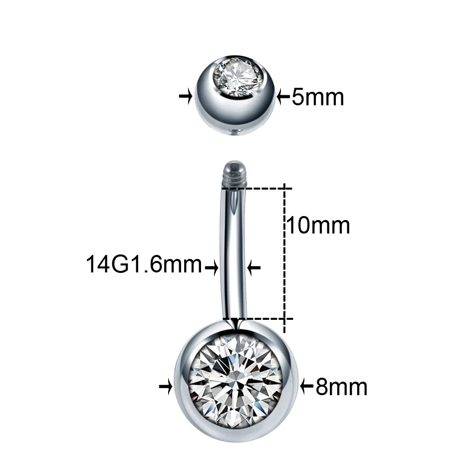 ASTM F136 Titanium 14G (1.6MM) Externally Threaded Round Crystal Belly Button Piercing 10MM