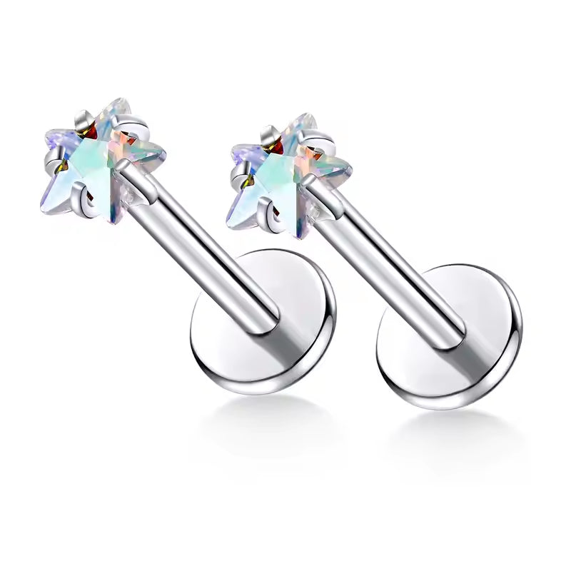 Natural Titanium 16G (1.2MM) Internally Threaded Crystal Star Labret Stud