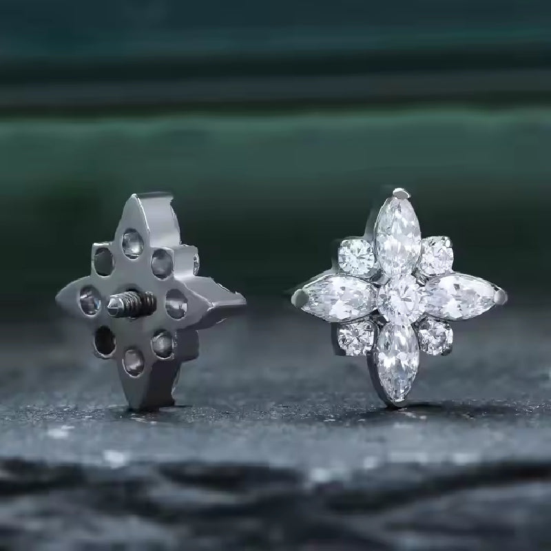 Titanium 16G (1.2MM) Internally Threaded Diamond Flower Piercing Stud