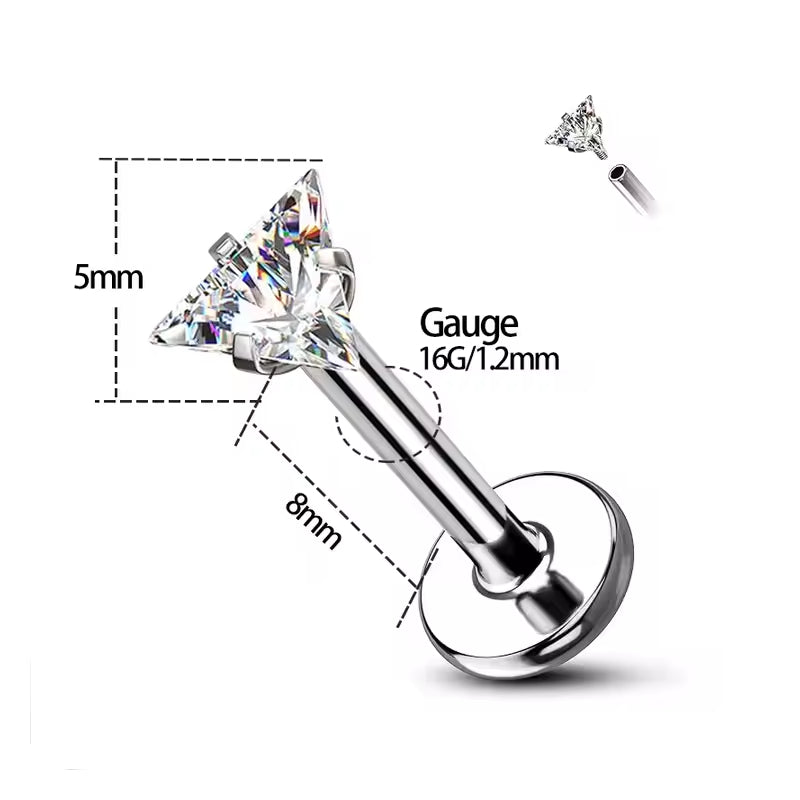 Titanium Internally Threaded Triangle CZ Labret Stud