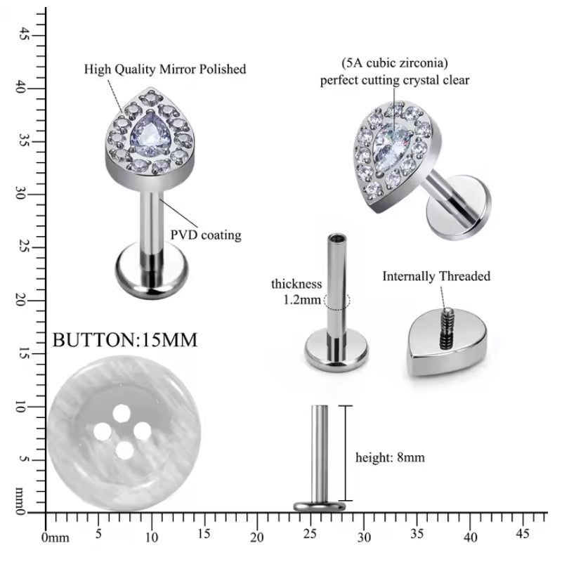 Natural Titanium 16G Internally Threaded Water Drop Labret Stud