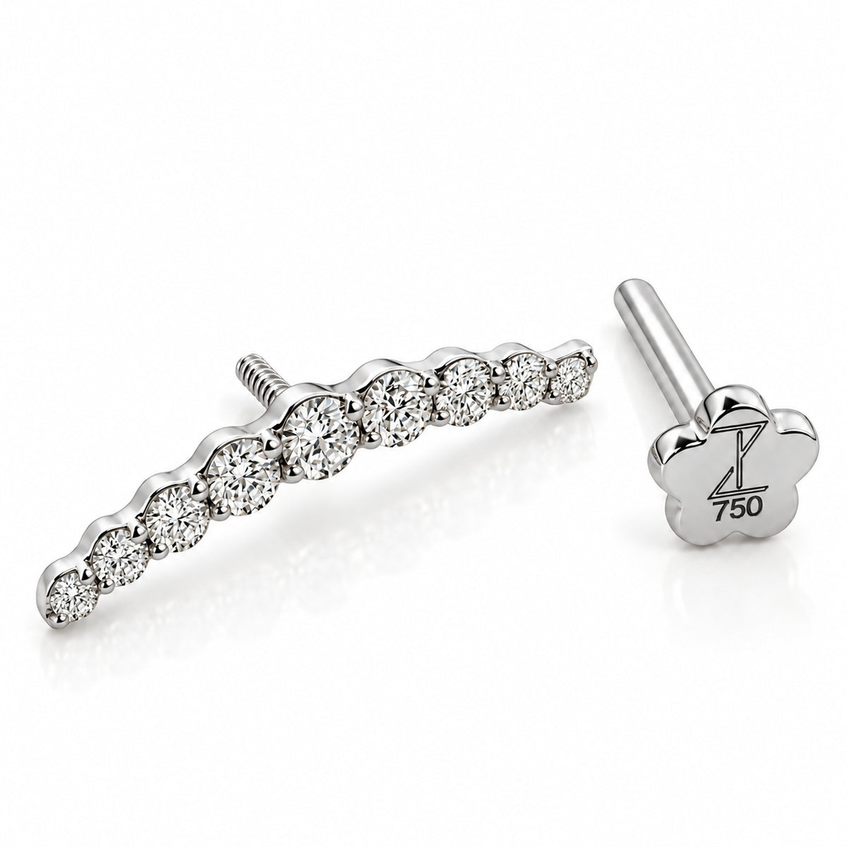18K Gold Graduated Moissanite Curved Bar Piercing Stud