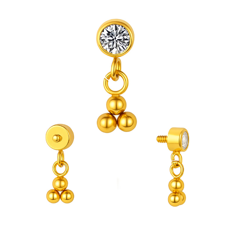 Titanium 16G (1.2mm) Internally Threaded 3 Dots CZ Dangling Piercing Stud