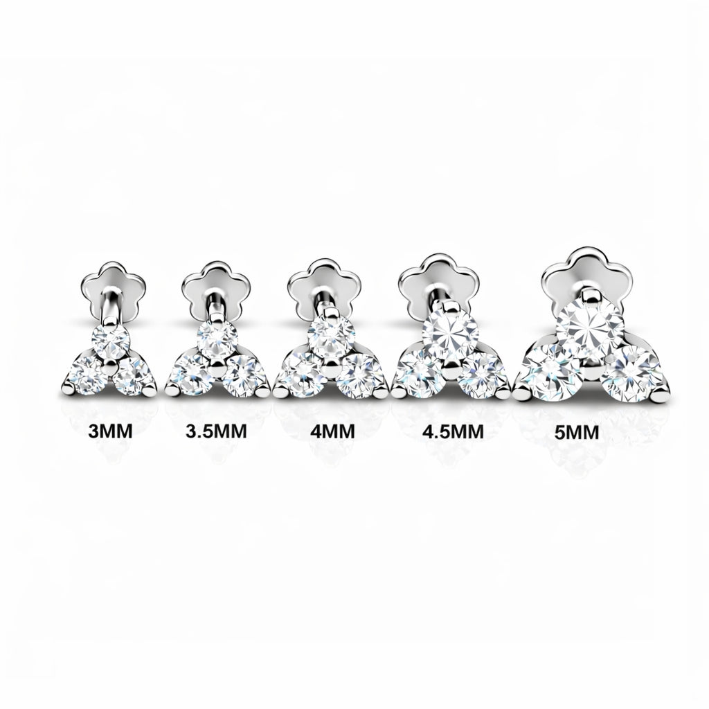18K Gold Moissanite Flat Back Trinity Stud – Internally Threaded (16G)