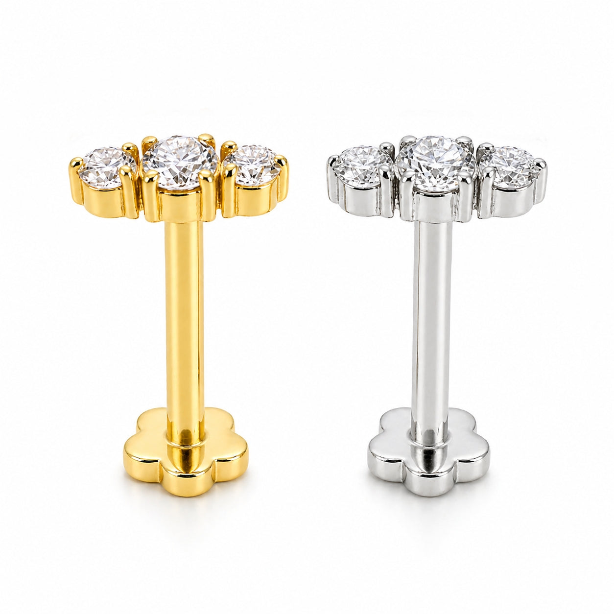 18K Gold Three Moissanite Flat Back 