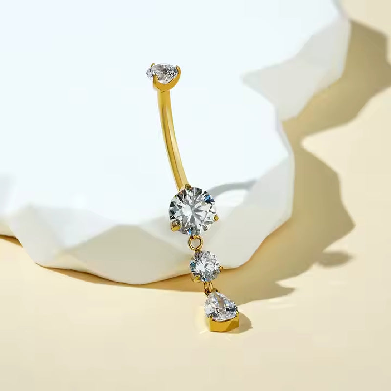 Premium Titanium Hanging 2 Drop Crystals Belly Ring | 14G (1.6MM) | 10MM Bar