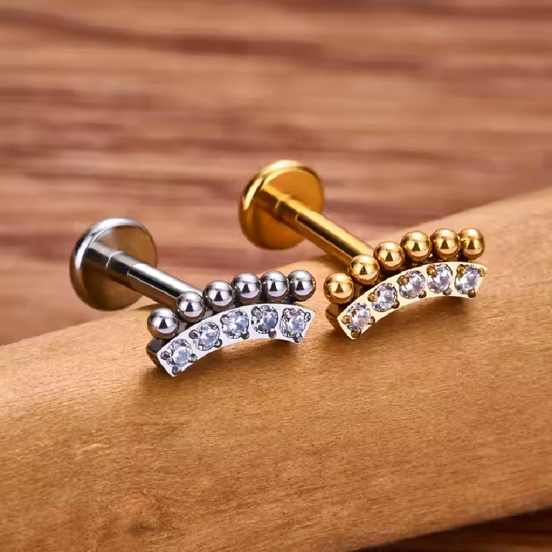 Titanium Dotted Curved Crystal 16G (1.2MM) Internally Threaded Labret Stud