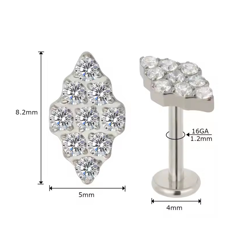 Titanium 16G (1.2MM) Internally Threaded 9 Crystal with Diamond Shaped Piercing Stud