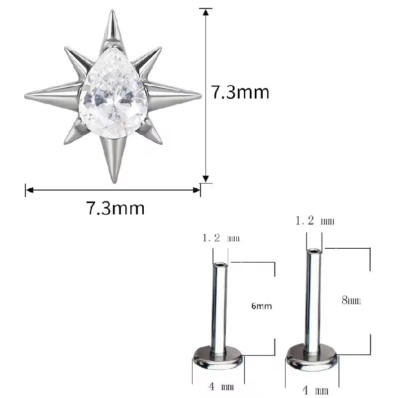 Titanium 16G (1.2MM) Internally Threaded Star with Zircon Piercing Stud