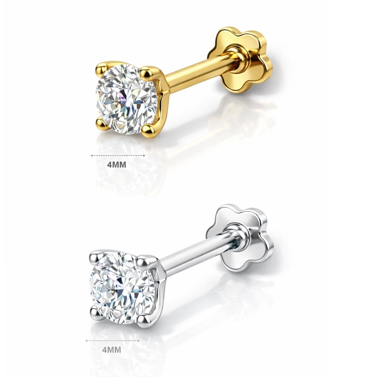 18K Gold Natural Diamond Flat Back Stud – Internally Threaded (16G)