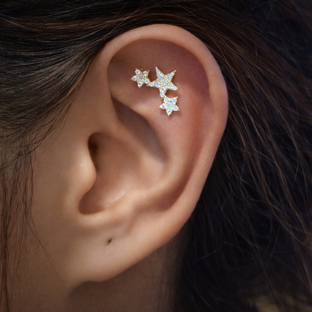 18K Yellow Gold Triple Star Moissanite Threaded End – 16G (Sold Per Piece)