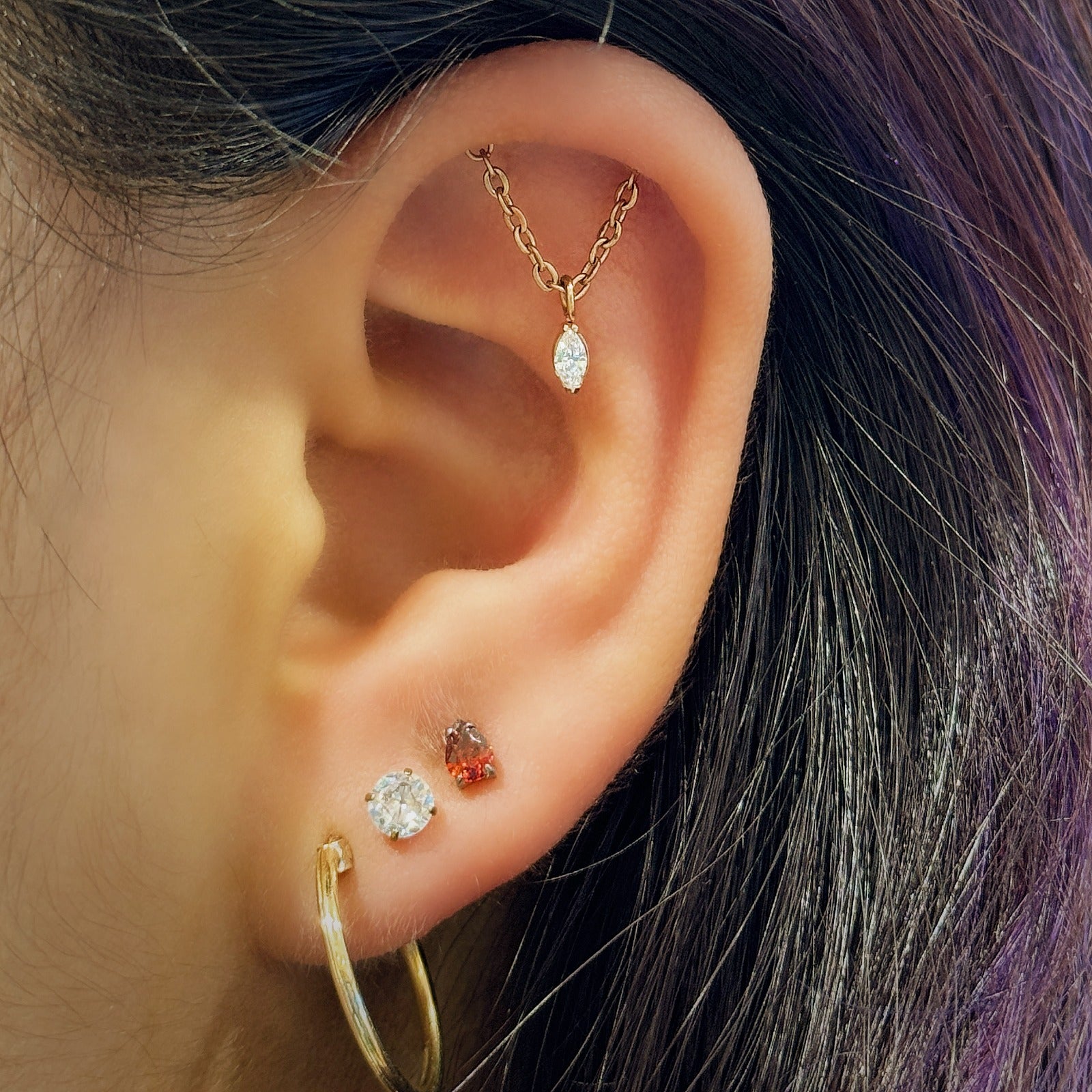 18K Rose Gold Hidden Helix Chain Stud with 4 mm Marquise Natural Diamond