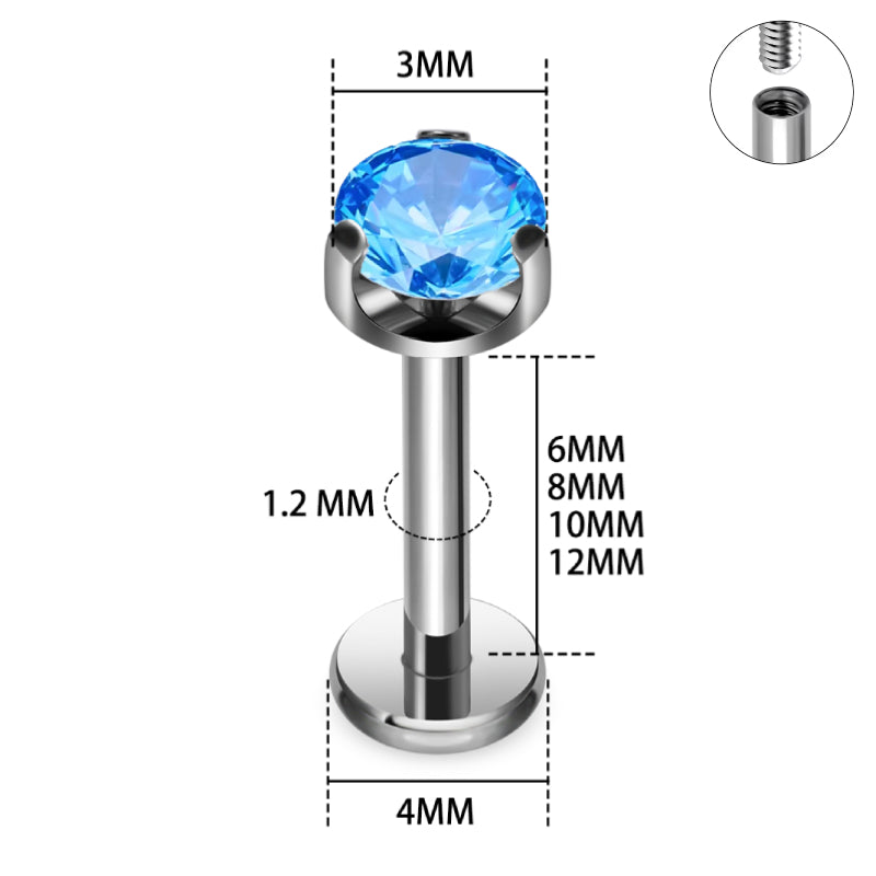 Natural Titanium 16G (1.2MM) Internally Threaded Crystal Labret Stud