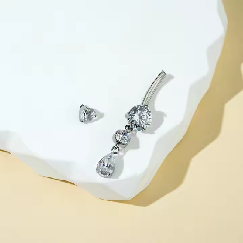 Premium Titanium Hanging 2 Drop Crystals Belly Ring | 14G (1.6MM) | 10MM Bar