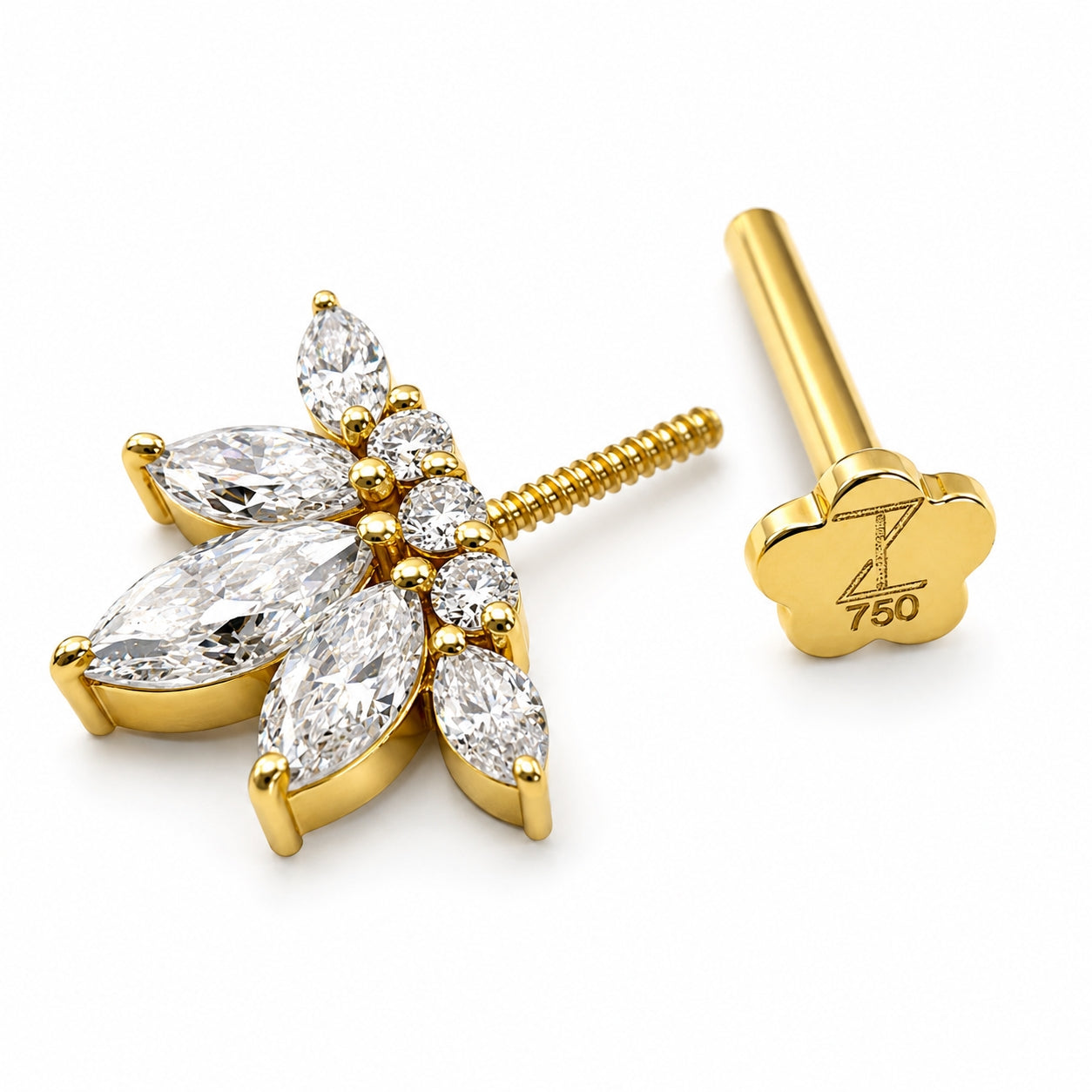 18K Gold Marquise Lotus Fan Vertical Helix (Bugadi) Stud
