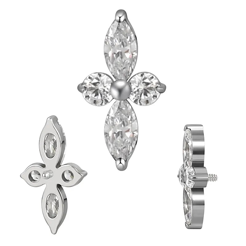 ASTM F136 Titanium 16G (1.2MM) Internally Threaded 4CZ Leaf Piercing Stud