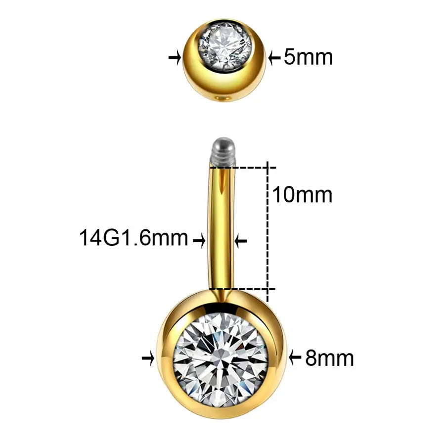 ASTM F136 Titanium 14G (1.6MM) Externally Threaded Round Crystal Belly Button Piercing 10MM