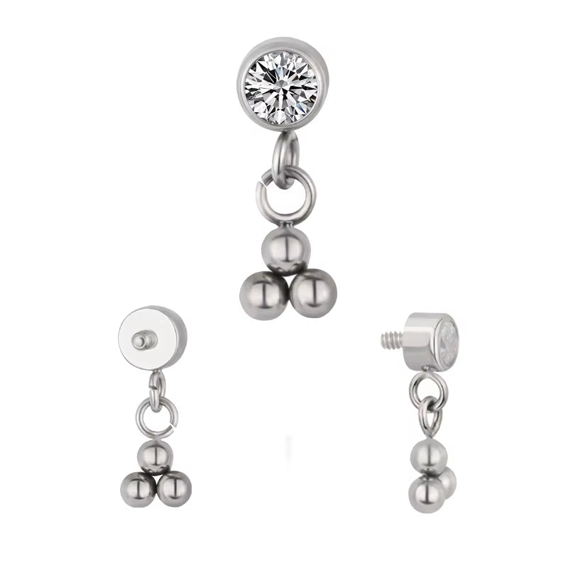 Titanium 16G (1.2mm) Internally Threaded 3 Dots CZ Dangling Piercing Stud