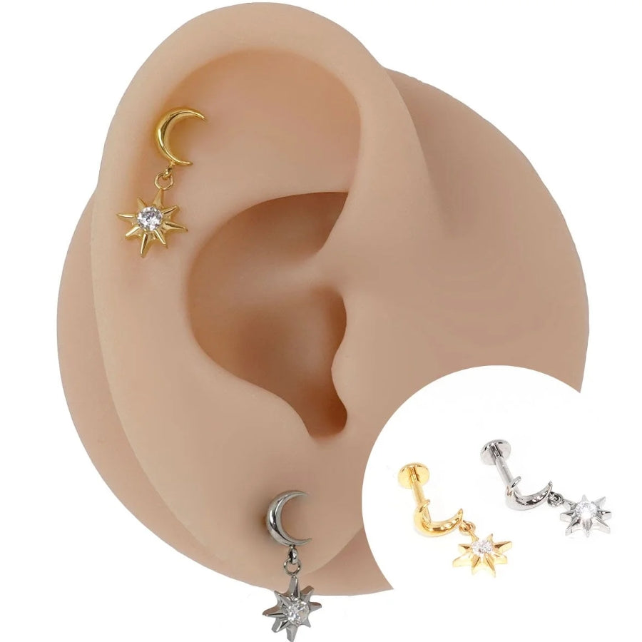 Titanium 16G (1.2mm) Internally Threaded Moon Star Dangling Piercing Stud