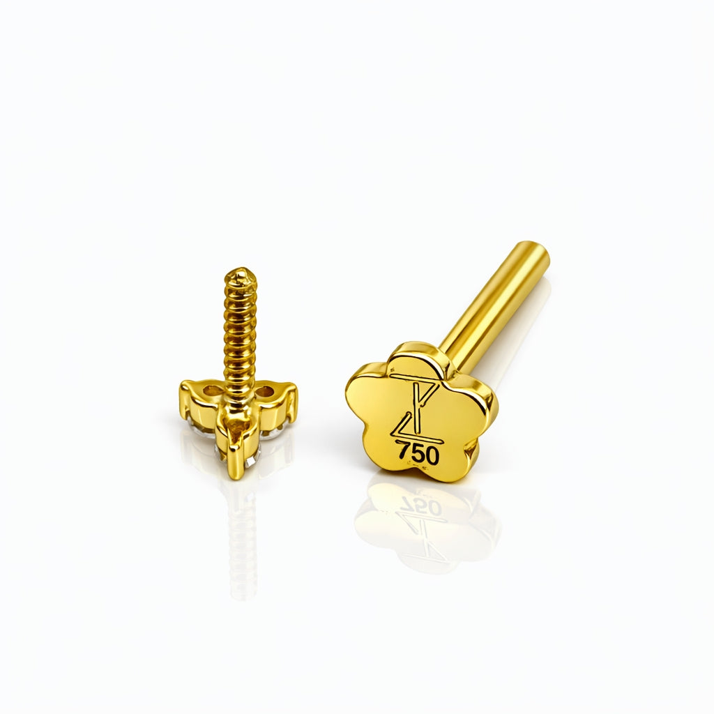 18K Gold Moissanite Flat Back Trinity Stud – Internally Threaded (16G)