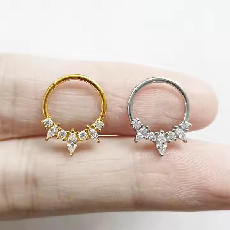Titanium 7 Gem Crystal Daith &amp; Septum Piercing Hoop 16G 10MM