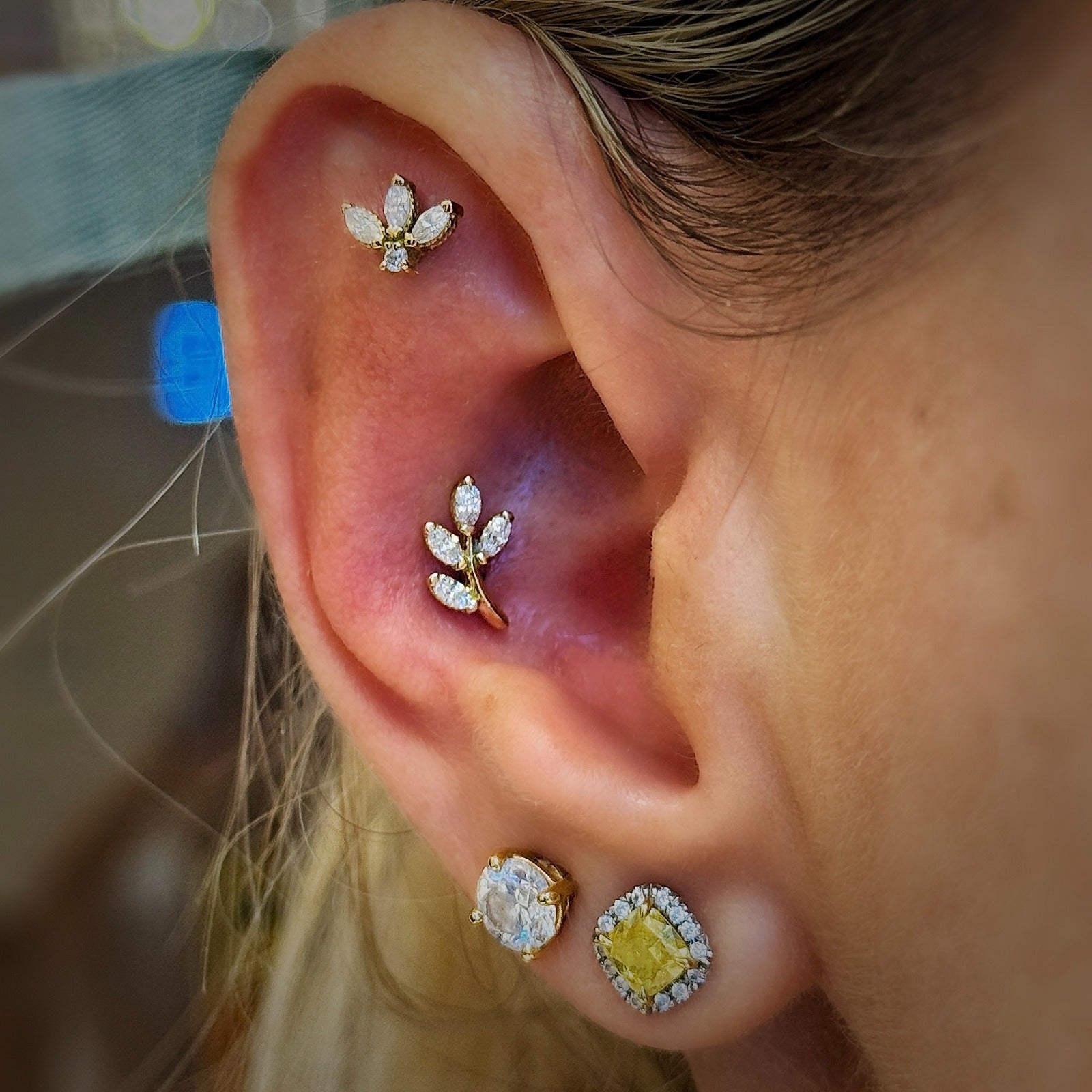 18K Gold Leaf Marquise Natural Diamond Stud (Right &amp; Left)
