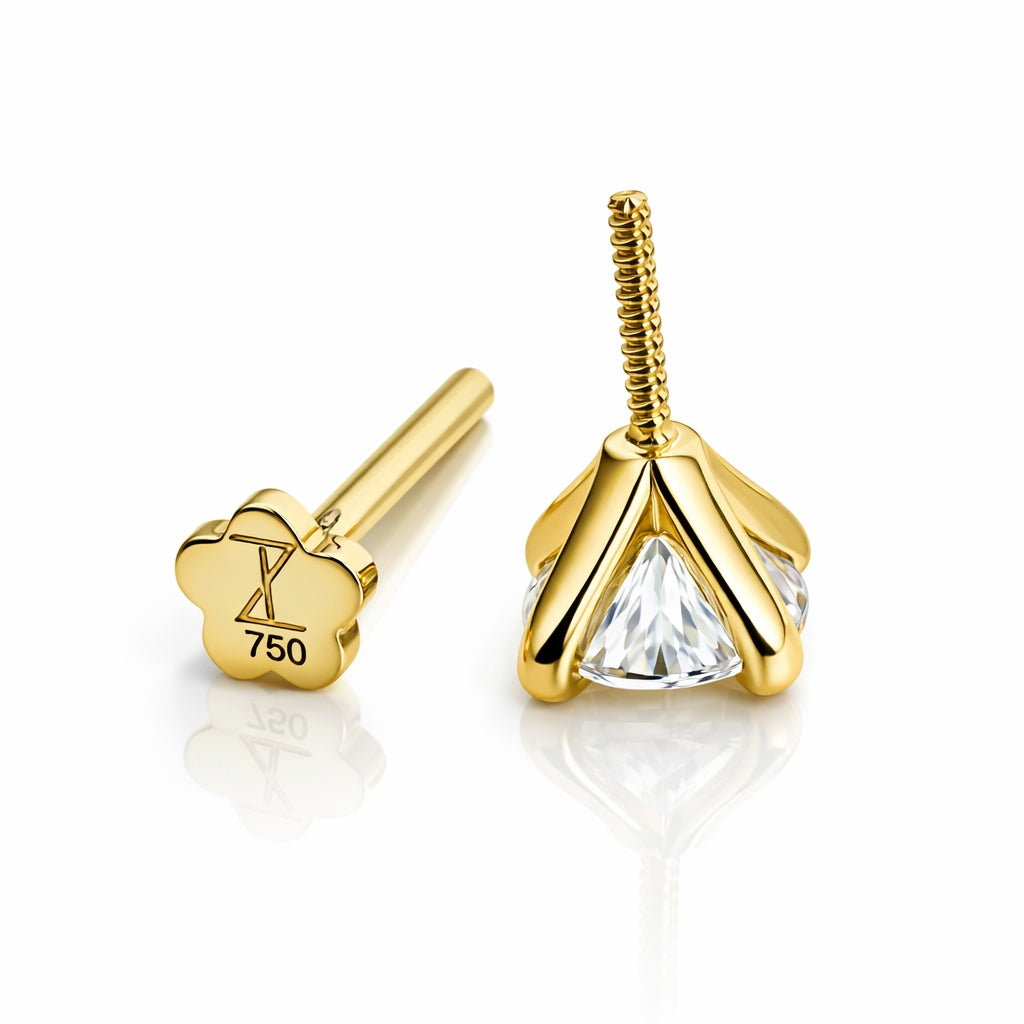 18K Gold Moissanite Flat Back Stud – Internally Threaded (16G)