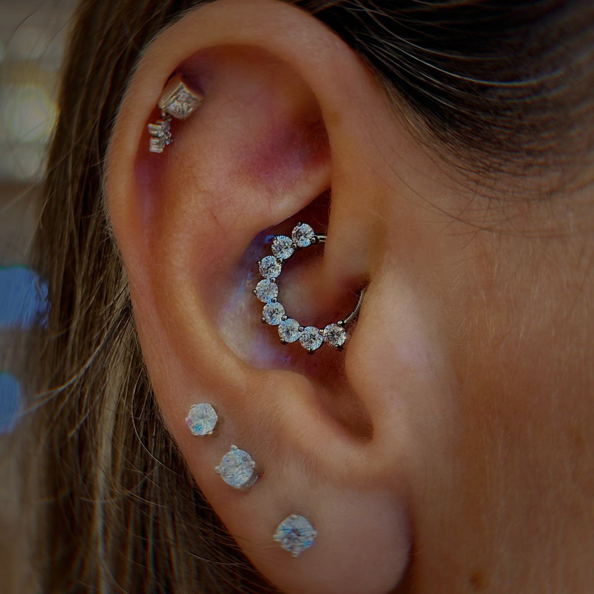 Titanium 8 Crystal Daith &amp; Septum Piercing Hoop 16G 8MM