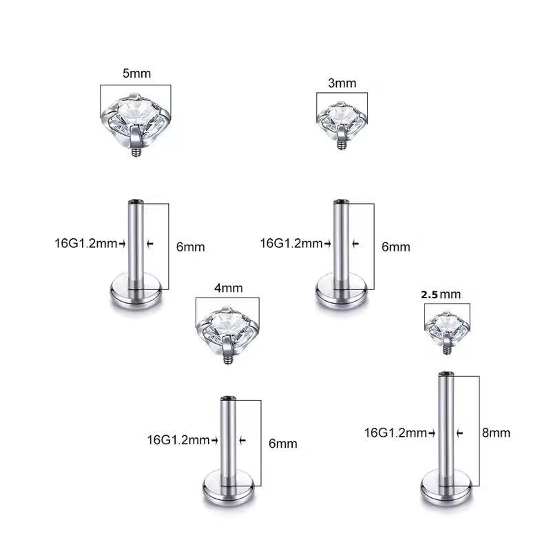 Titanium 16G (1.2MM) Internally Threaded Crystal Labret Stud
