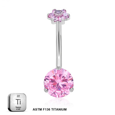 Titanium 14G (1.6MM) Internally Threaded Round Cut Pink Belly Piercing 12MM