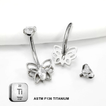 Titanium 14G (1.6MM) Internally Threaded Butterfly Belly Button Piercing 12MM