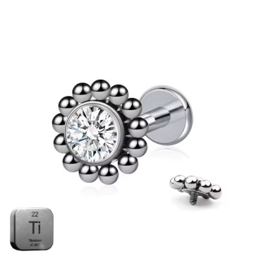 Natural Titanium 16G (1.2MM) Internally Threaded Round Dotted Crystal Piercing Stud