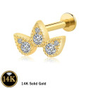 14K Solid Gold 18G Threadless Push Pin Flat Back 3CZ Triplet Petal Stud