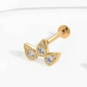 14K Solid Gold 18G Threadless Push Pin Flat Back 3CZ Triplet Petal Stud