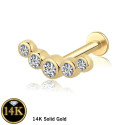 14K Solid Gold 18G Threadless Push Pin Flat Back 5CZ Arch Round Stud