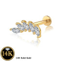 14K Solid Gold 18G Threadless Push Pin Flat Back 5CZ Sweet Curve Stud