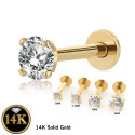 14K Solid Gold 18G Threadless Push Pin Flat Back Crystal Stud