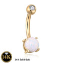 14K Solid Gold Opal Studded Belly Piercing Jewelry 14G 10MM