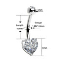 14K Solid White Gold Heart Shape Belly Piercing Jewelry 14G 10MM