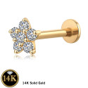 14K Solid Gold 18G Threadless Push Pin Flat Back Flower Stud