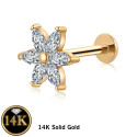 14K Solid Gold 18G Threadless Push Pin Flat Back 6 Flower Stud