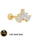 14K Solid Gold 18G Threadless Push Pin Flat Back 5CZ Arch Stud