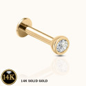 14K Solid Gold 18G Threadless Push Pin Flat Back Round Crystal Stud