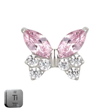 Natural Titanium 16G (1.2MM) Internally Threaded Pink Crystal Butterfly Labret Stud